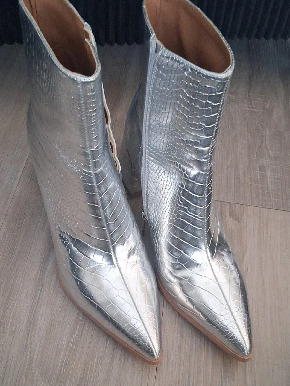 Croc-Embossed Silver Pointed Ankle Boots